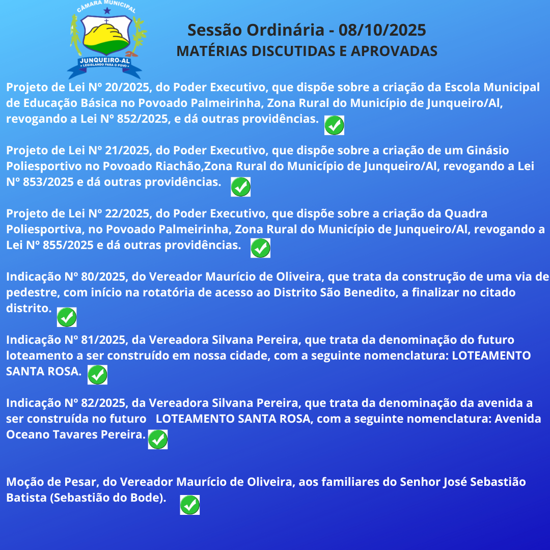 RESUMO DA SESSÃO ORDINÁRIA - 08 DE OUTUBRO DE 2025