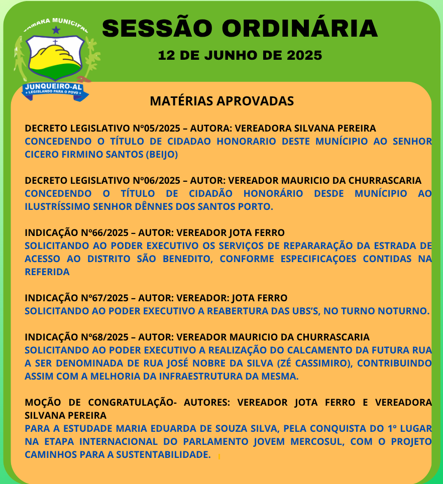 SESSÃO ORDINÁRIA - MATÉRIAS APROVADAS